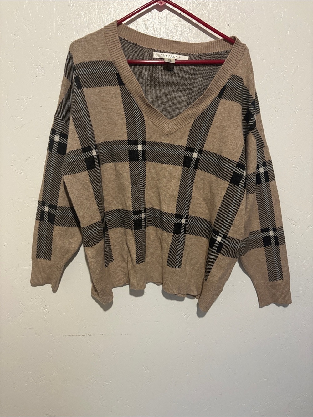 Max Studio Tan and Black Plaid V-Neck Sweater